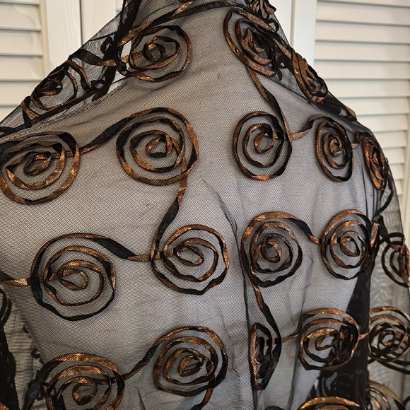 Black Sheer Shawl Wrap Bronze Appliqué Circular Pattern and Fringe Scarf 20x63” - Picture 3 of 12